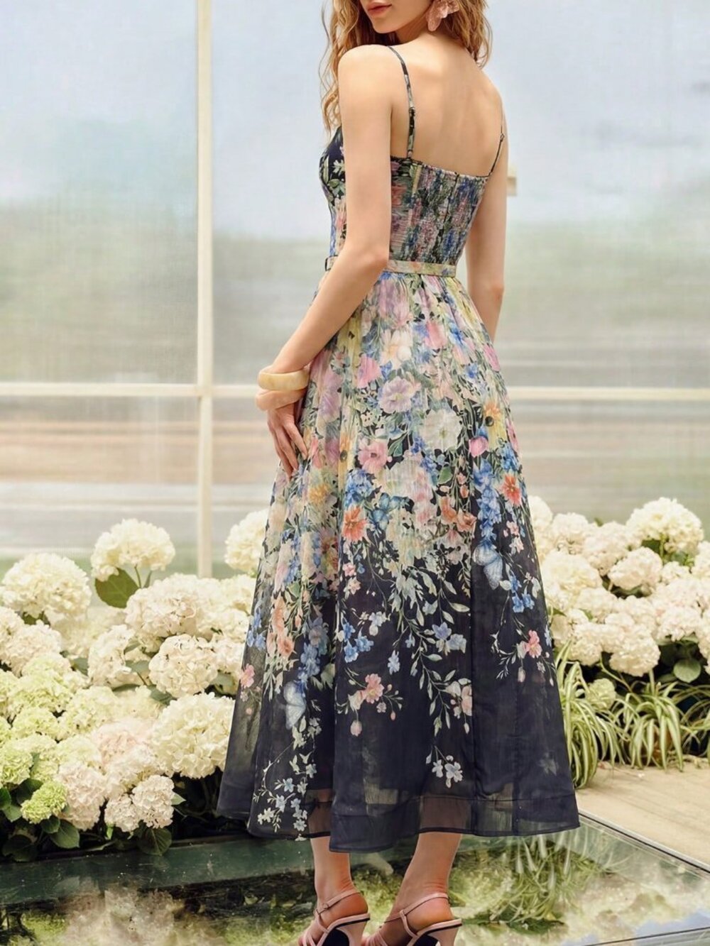 Black Elegant Women's Floral Print Bustier Slip Long Dress With Belt - Picture 3 of 5